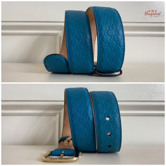 Authentic GUCCI Teal Blue Microguccissima Leather Gold Buckle Belt Size 80/32 main image 6